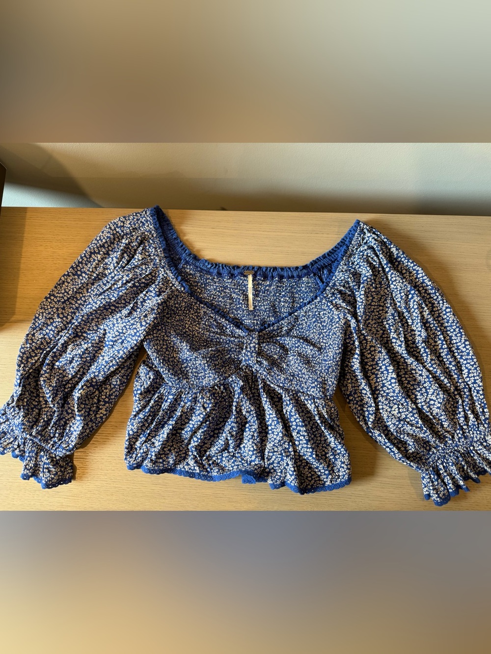 Free People Blue Floral Smocked Peplum Women's Top
